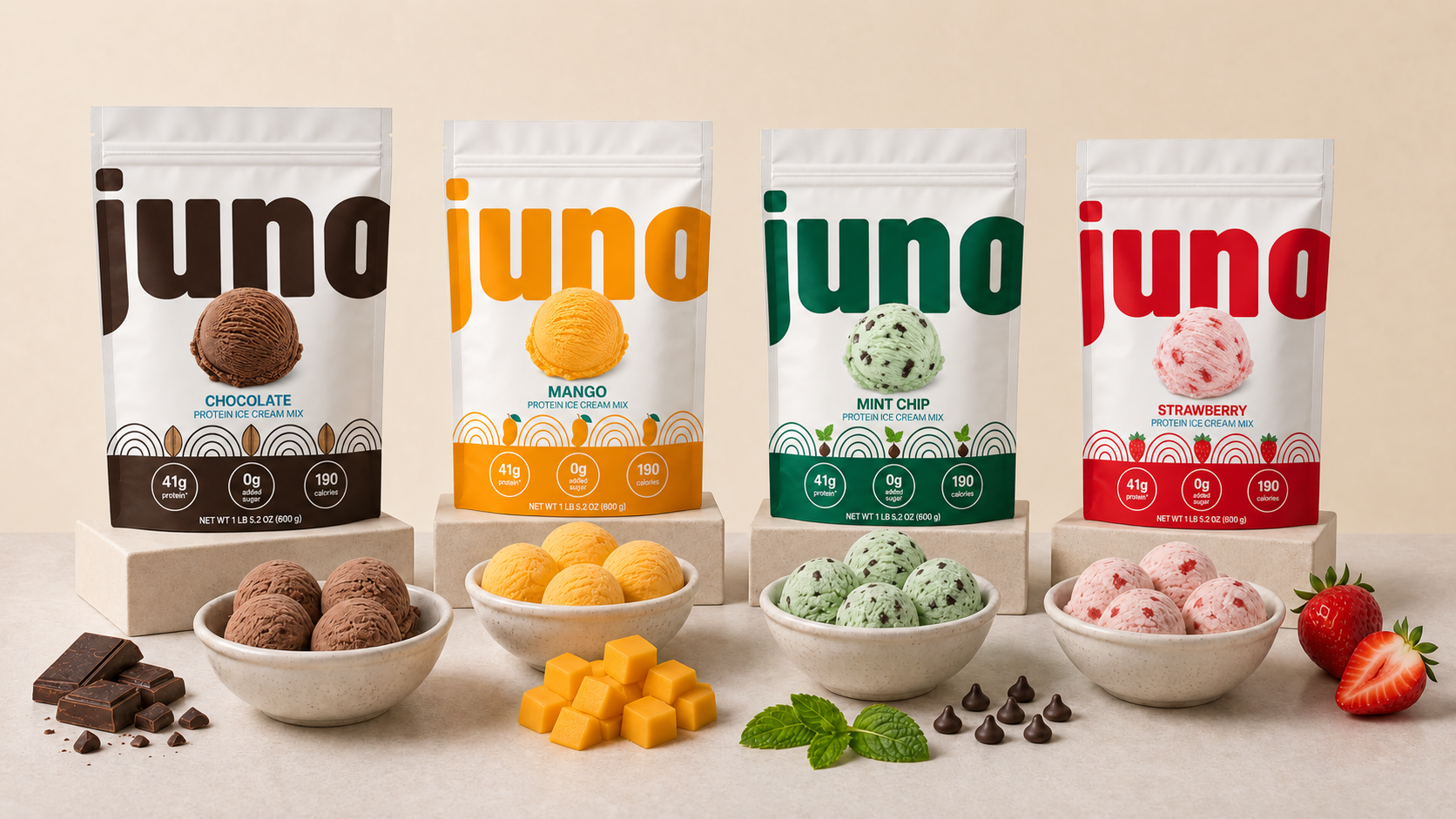 Juno protein ice cream mix pouches, with Chocolate featured on mobile